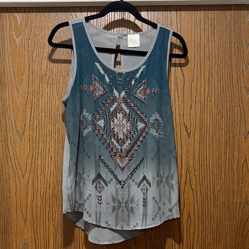Vocal Aztec Pattern Tank Top - Blue and Gray